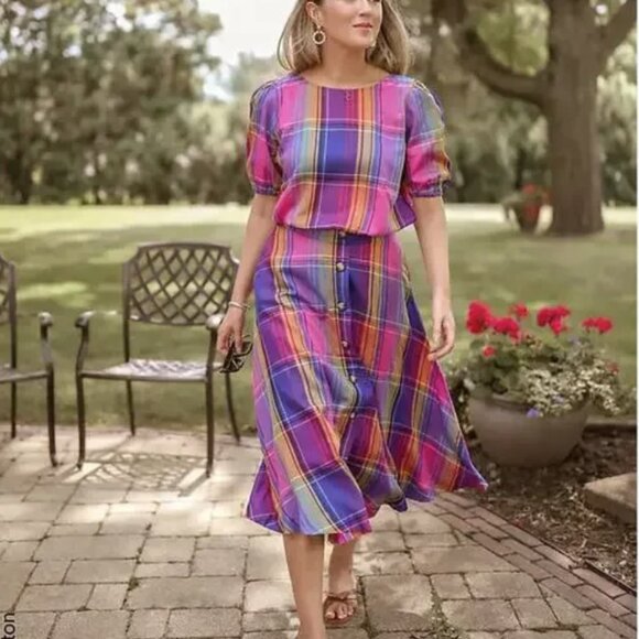 Ann Taylor Madras Plaid Smocked Hem Top - Picture 4 of 5